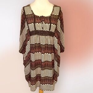 Pinky Relaxed Fit Brown and Ecru Paisley Print Lace Trim Swim Cover Up Tunic Med